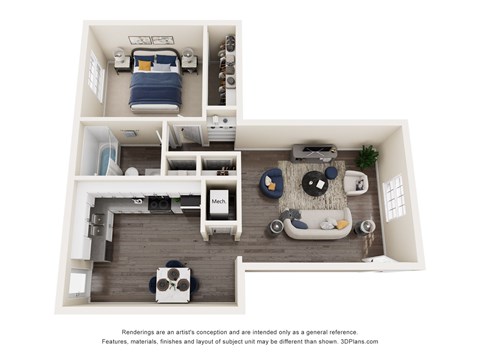 Floor plan for 1 bed, 1 bath, 811 sqft